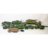 Various Dinky Toys diecast military vehicles, including an AEC articulated lorry, a Berliet