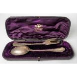 Victorian silver cased christening spoon and fork, bright cut with fern decoration, maker HW & Co,