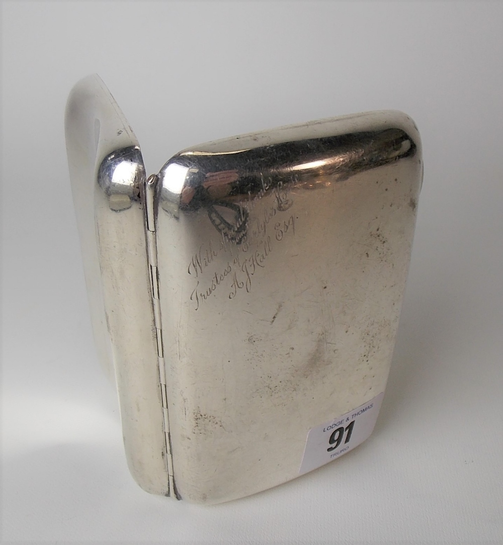 Silver cigar case, maker C&S, Chester 1920, engraved dedication, weight 4.6oz approx.