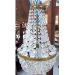 A brass glass drop bag chandelier, height 58cm