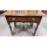 Late 17th Century oak side table, the rectangular moulded top over a frieze drawer upon turned
