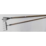 Two vintage fishing spears, one an eel spear, the other for salmon, length of eel spear 225cm.