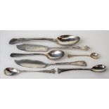 Two silver hallmarked butter knives; together with five various silver hallmarked spoons, weight