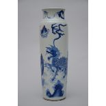 A rouleau vase in Chinese blue and white porcelain 'fo dogs' (48cm)