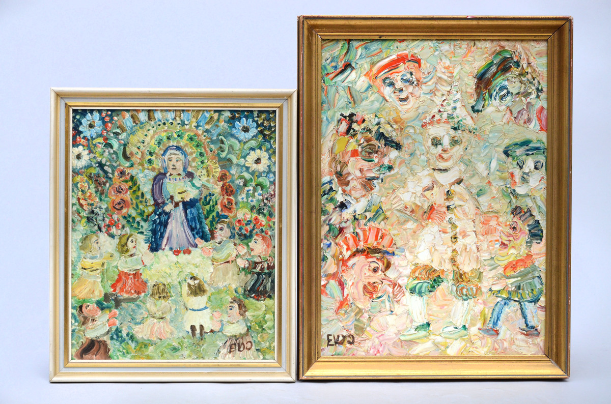 Van Den Driessche: two paintings (o/c) 'holy Virgin' and 'clowns' (24x34cm)