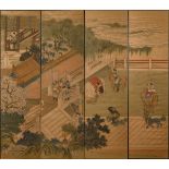 Set of four Chinese paintings 'court scenes', Qing dynasty (signed) (48x164cm)