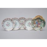 Lot: set of four plates in Chinese porcelain 'monogram' + Canton dish (*) (23cm)