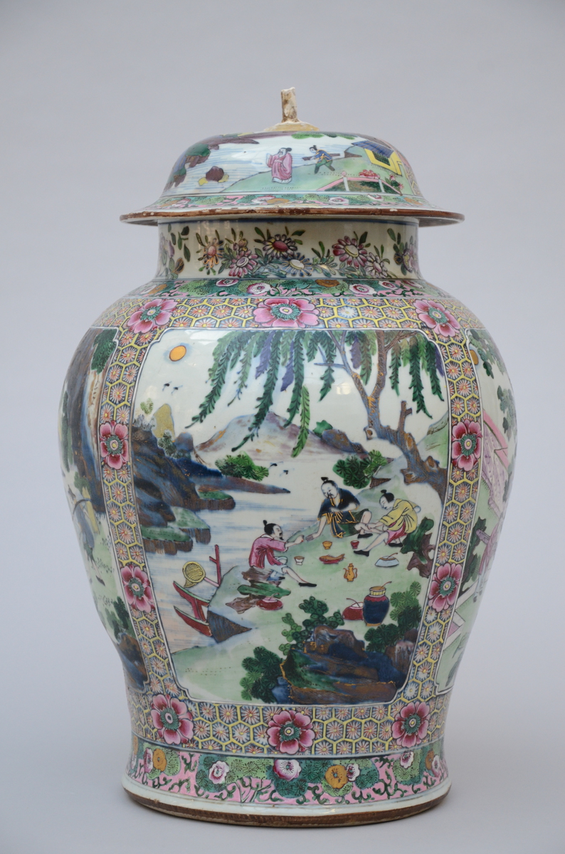 Large Chinese blue and white jar with later famille rose decoration, Kangxi period (*) (50cm)