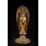 Large Japanese wooden sculpture with gold lacquer 'standing Buddha' (144cm)