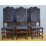 Set of six chairs in walnut covered with leather (*) (129cm)