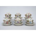 Set of 6 octagonal saucers and cups with lids in Chinese porcelain 'figures and calligraphy' (*) (