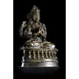 Tibetan sculpture in bronze inlaid with silver 'Shadakshari Lokeshvara', Tsang region 15th/16th