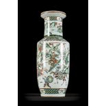 Large rouleau vase in Chinese famille verte porcelain "warriors" (*) (60cm)