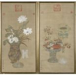 A pair of Chinese paintings on silk 'antiquities', signed Jiang Tingxi (52x100cm)