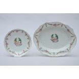 Large dish and compotier in Chinese famille rose porcelain 'Coat of arms with deer' (34x27cm)