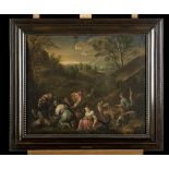 Leandro Bassano (attributed): painting o/c 'characters in landscape', monogram LB (74x61cm)