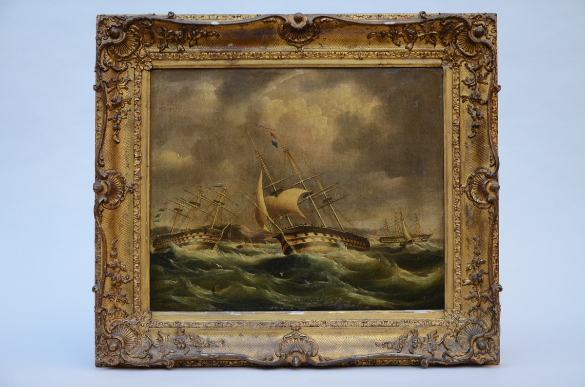 Spencer: painting o/c "ships on a turbulent sea" (*) (61x50cm)
