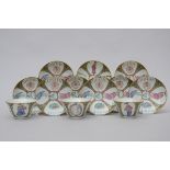 Three cups and 10 saucers in Chinese Canton porcelain 'figures and calligraphy' (*) (11x6cm)