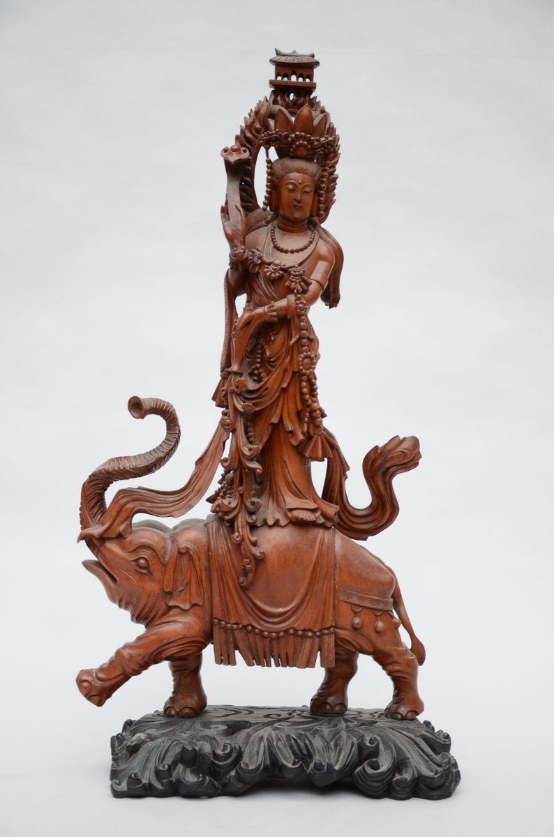 Large Chinese wooden sculpture 'Guanyin on elephant' (83cm)