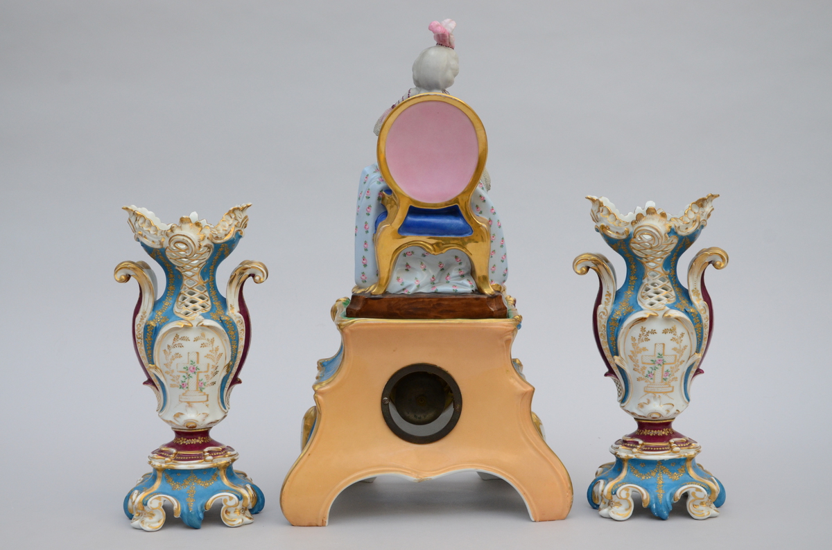 A three-piece porcelain clock set 'lady on a throne' (56cm) - Image 2 of 3