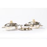 A pair of Art Deco legumiers and a sauce bowl in silver with ivory handles by Wolfers, model '