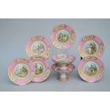 Part of a service in pink SËvres porcelain (6 plates and 2 tazza's) (22x12cm)