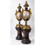 A pair of monumental vases in SËvres porcelain with gilt bronze mounts on mahogany stands, 19th