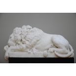 A lying lion in white marble, 18th - 19th century (*) (20x65x27cm)