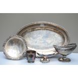 Lot: dish, basket and cream jar, plate and wine cup in silver