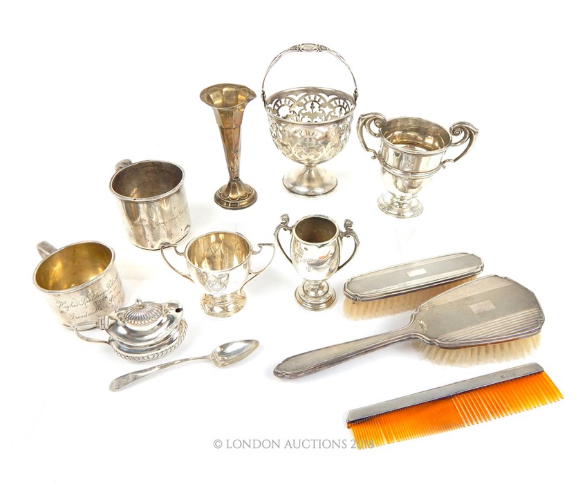 Assorted hallmarked silver items, including mugs basket, mustard pot., trophy's etc