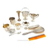 Assorted hallmarked silver items, including mugs basket, mustard pot., trophy's etc