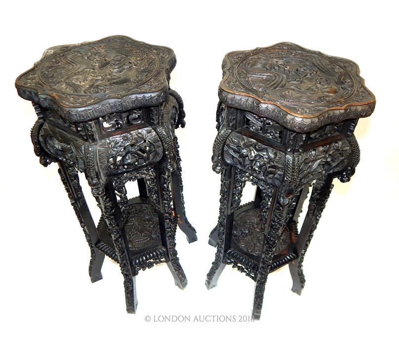 A pair of carved wood Chinese export jardiniere stands - Image 2 of 5