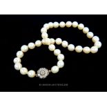 A Cultured Pearl Necklace with Diamond set Clasp.