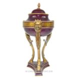 French ormolu mounted lidded urn on three satyr supports/legs possible late 19th century.