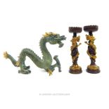 Pair Of Figural Dragon Pricket Candlesticks & Cast Metal Dragon