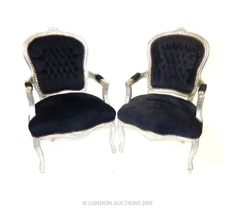 A pair of Louis XVI style black framed upholstered elbow chairs. - Image 2 of 2