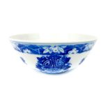 A Chinese blue and white bowl with markings to base