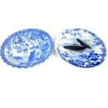 Two oriental blue and white goldfish plates