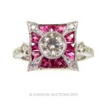 A Diamond and Ruby square ring.