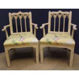A PAIR OF CHIPPENDALE STYLE GOTHIC DESIGN ARMCHAIRS