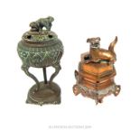 A Copper Incense Burner Surmounted With Dog Of Foo & Oriental Incense Burner