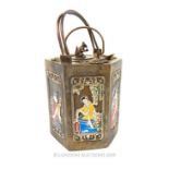 An unusual Japanese silver coloured metal and enamel water carrier depicting hand painted panels