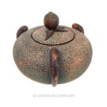 A Brown Ceramic Bowl & Cover Surmounted With A Bronzed Fruit