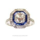 18 carat white gold art deco style Sapphire and diamond ring.