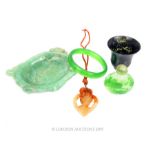 A Green Jade Bangle, A Stone Snuff Bottle Possible Jade, & Other Items