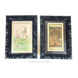 Two antique Mughal Indian gouache paintings in matching carved ebony frames