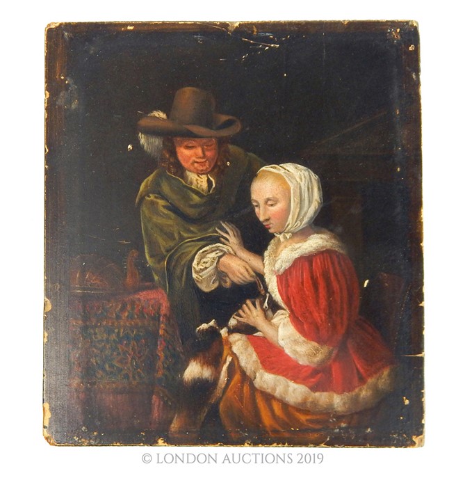 18th Century Oil On Board Of A Woman, Man And Dogs