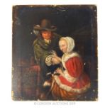 18th Century Oil On Board Of A Woman, Man And Dogs