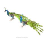 A Pair of Contemporary Painted Metal Ornamental Garden Peacocks.