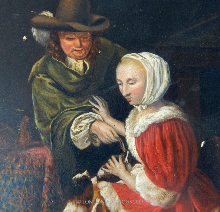 18th Century Oil On Board Of A Woman, Man And Dogs - Image 2 of 3